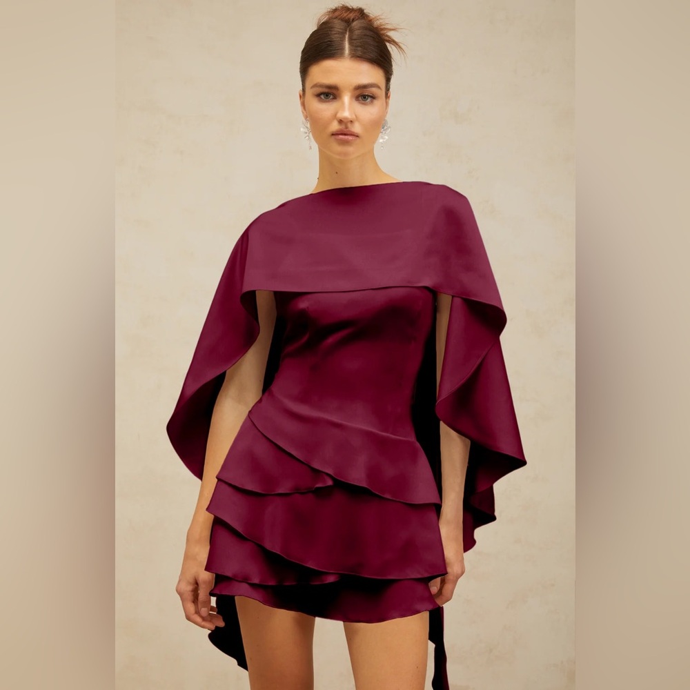 Miss Rosier Lyna shawl-panel ruffled satin mini dress in Re - Picture 3 of 5